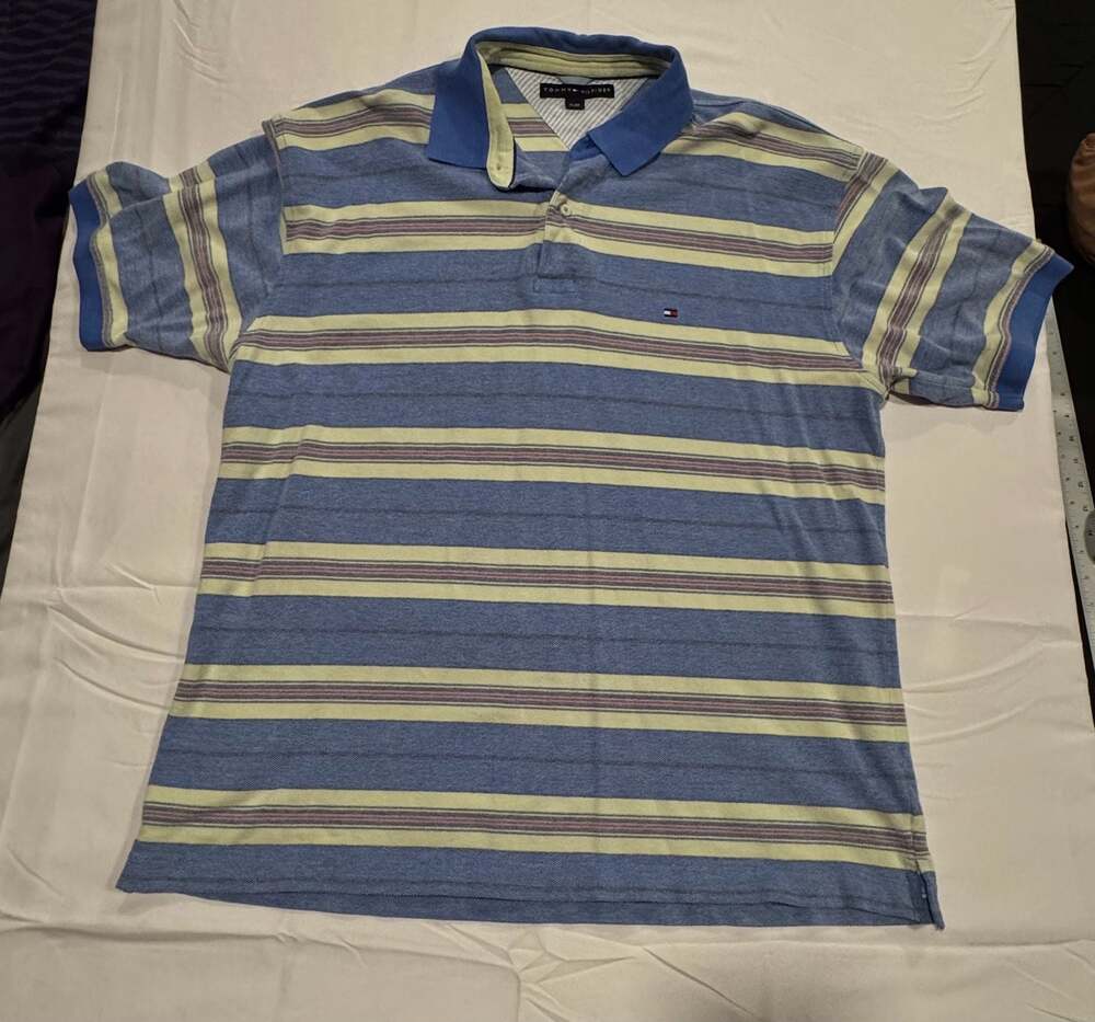 Tommy Hilfiger Men's Blue Yellow Striped Short Sleeve Polo Shirt XL vintage